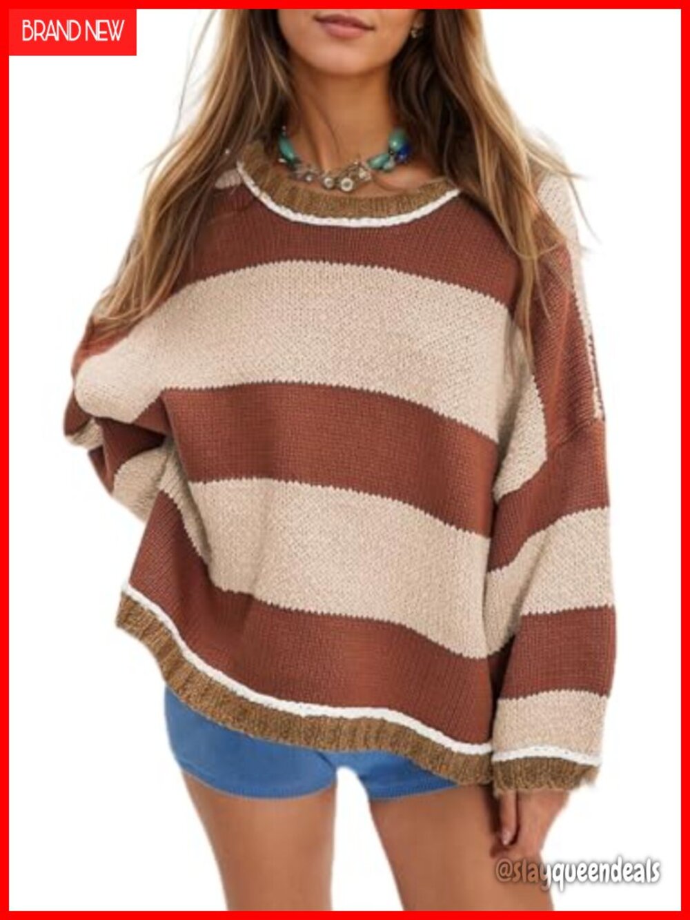 Womens Oversized Striped Chunky Knit Crewneck Pullover Sweater
